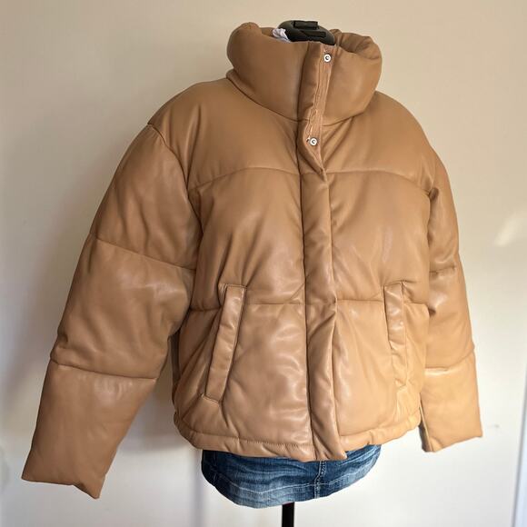 Abercrombie | The A&F Mini Puffer Jacket Tan Faux Leather Winter Coat | Size XL - Picture 2 of 7